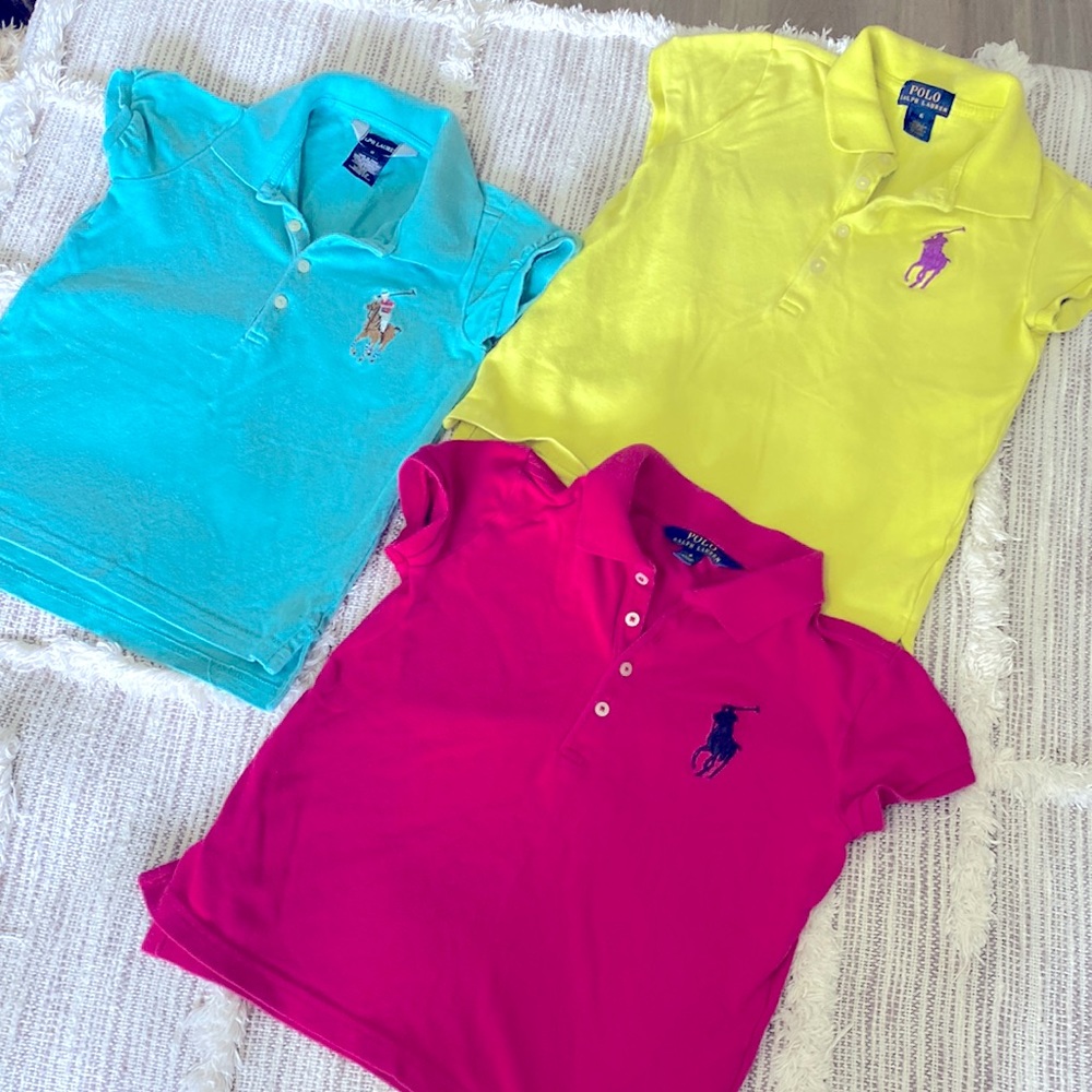3 Polo Ralph Lauren Big Horse Girl's Polo Shirts pink yellow blue size 6